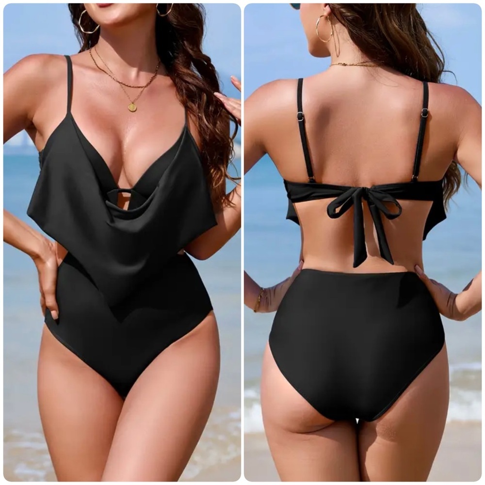 Black Push Up Cowl Neck Monokini Swimsuit